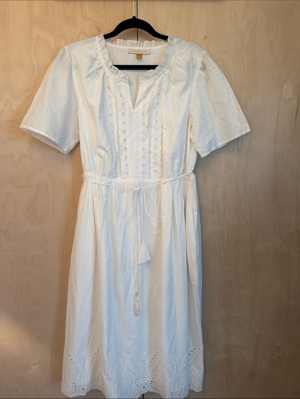 DownEast White Eyelet Midi Dress with Drawstring Waist